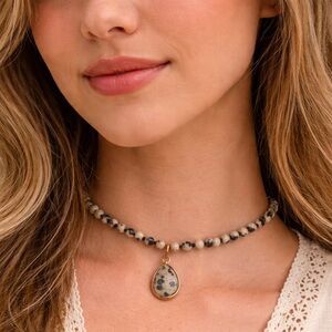 Pomina Dalmatian Stone Beaded Choker Necklace Gold Tone Pendant Boho (BR1313/2)